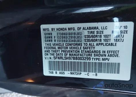 2011 Honda Odyssey Touring/Touring Elite z USA, uszkodzony, nr VIN 5FNRL5H97BB003299